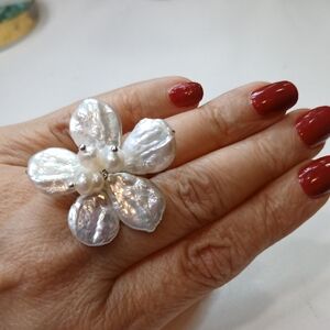 White Freshwater Pearl Cotton Flower Ring Adjustable